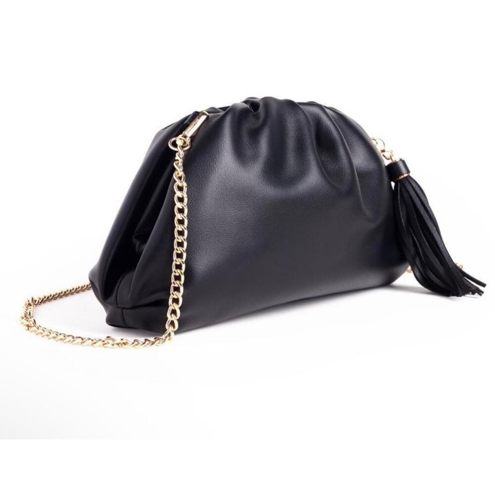 Understated Vegan Leather Black Crescent Clutch Crossbody Purse Gold Chain